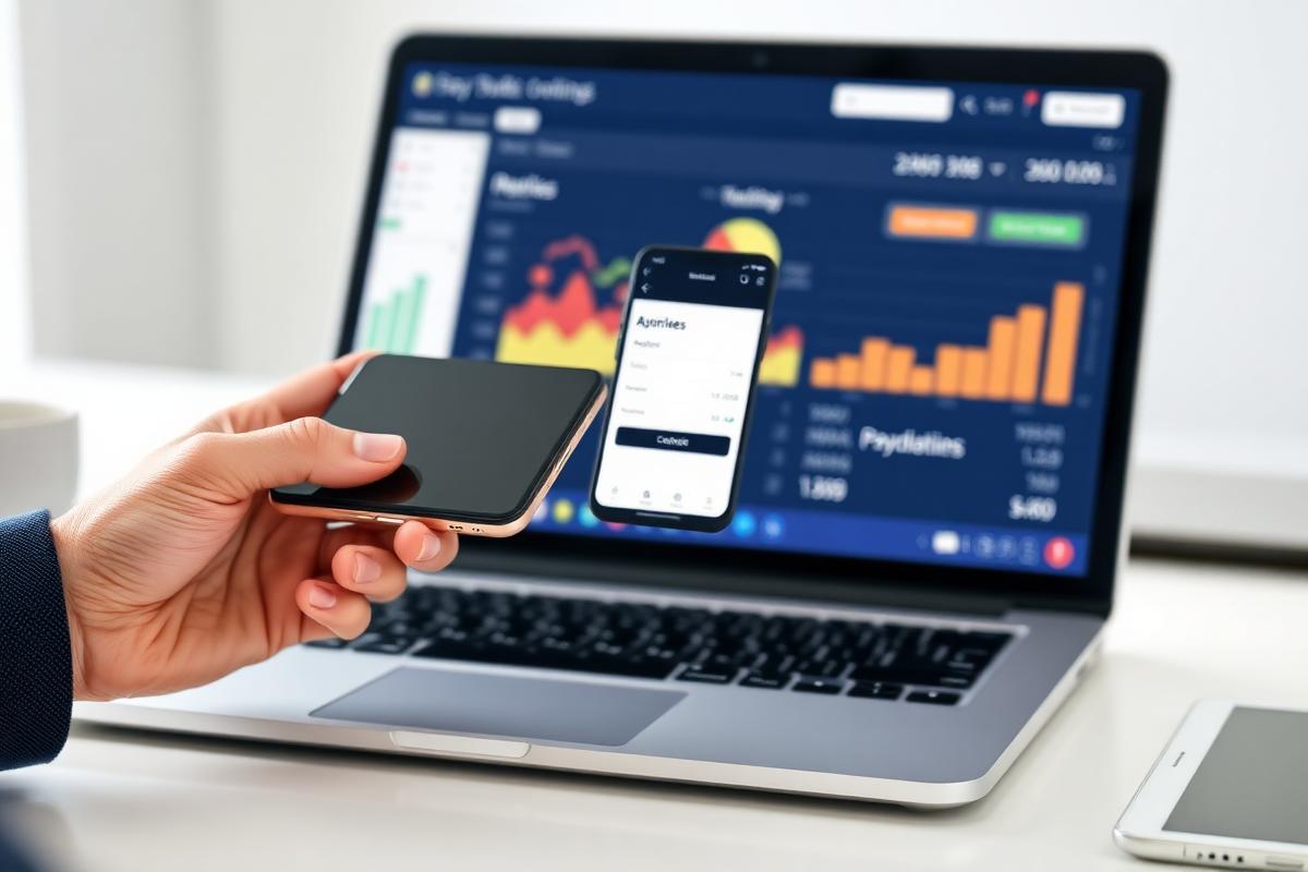 Person making an affordable online payment next to an analytics dashboard